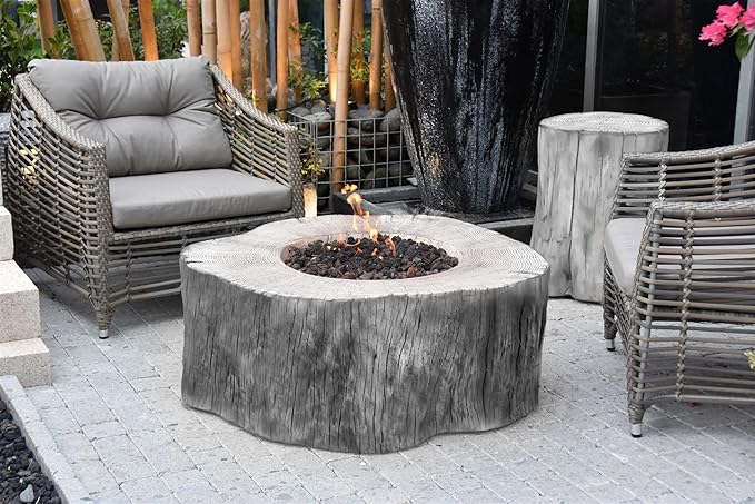 Elementi | Manchester Gas Fire Pit Cast Concrete Semi-Round Fire Table, Outdoor Fire Pit Electronic Ignition | Canvas Cover, Lava Rock Included | Classic Gray (Propane Gas)