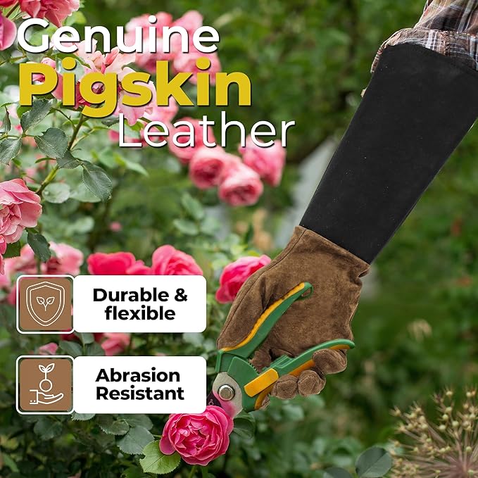 HANDLANDY Long Gardening Gloves for Men & Women, Cowhide Leather Rose Pruning Gloves, Breathable Thorn Proof Gauntlet Glove (Brown-Cowhide, M)