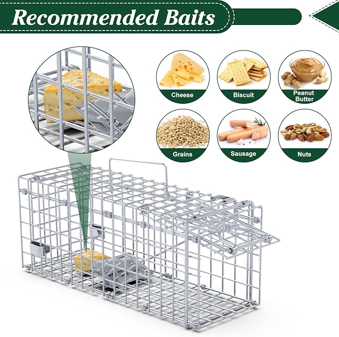 2 Pack Humane Rat Trap, Foldable Single Door Metal Mouse Cage with 2 L-Shaped Rods for Small Squirrel Raccoon Feral and Other Small Live Animals, Easy to Catch and Release, Work for Indoor Outdoor