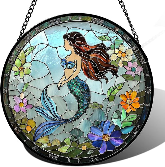 Stained Glass Window Hanging - Light Blue Mermaid Suncatcher for Door Terrace Garden Home Decor, Ocean Flowers Sun Catcher Birthday Gifts for Lovers Women Men Dad Mom Nana 6.3 in