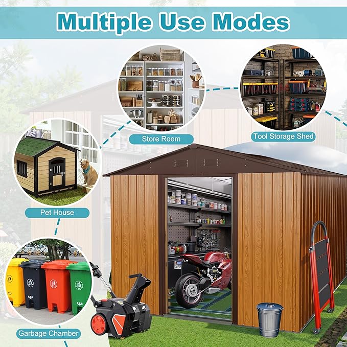 Sheds & Outdoor Storage 8ft x 10ft Iron Storage Shed with Metal Foundation Metal Garden Shed Tool Storage Cabinet with Secure Sliding Doors with Padlock for Backyard, Patio, Poolside, Coffee