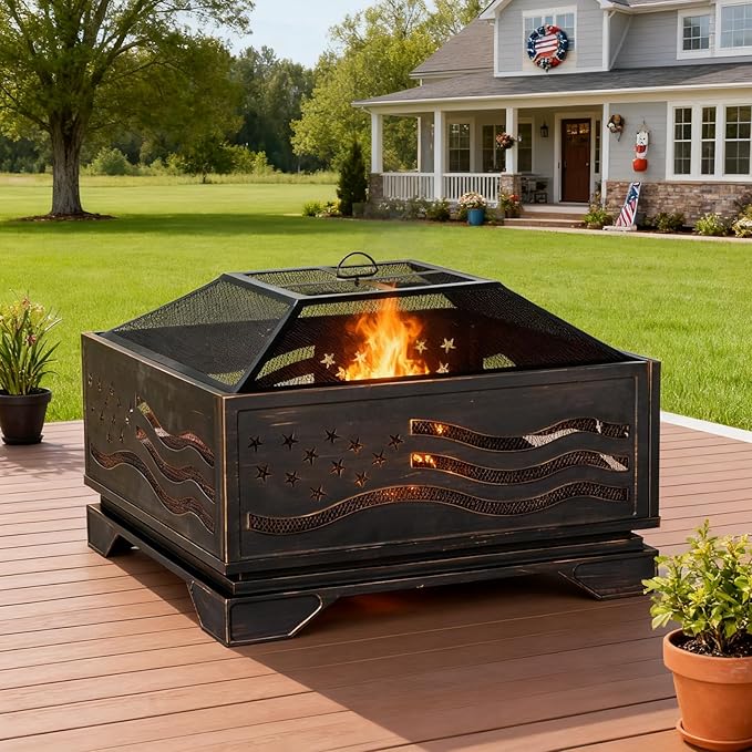 32Inch Square-Shaped Fire Pit,Outdoor Fire Pits with Spark Screen&Poker,Metal Square Wood Burning Firepits for Outside,Backyard,Bonfire,Patio,Party,Garden,Picnic and Camping(Antique Bronze)