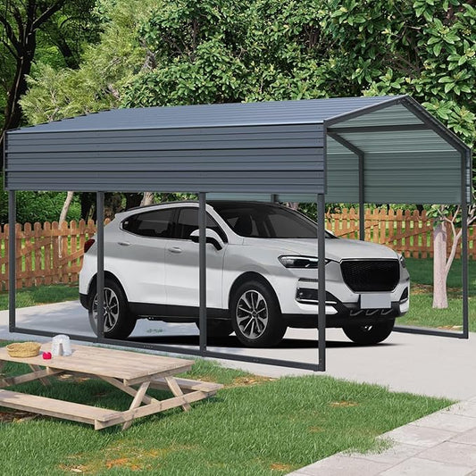 KEIKI 10x15 FT Steel Metal Outdoor Carport with Peaked Roof,Heavy Duty Vehicle Shed Canopy for Car,Truck and Boats