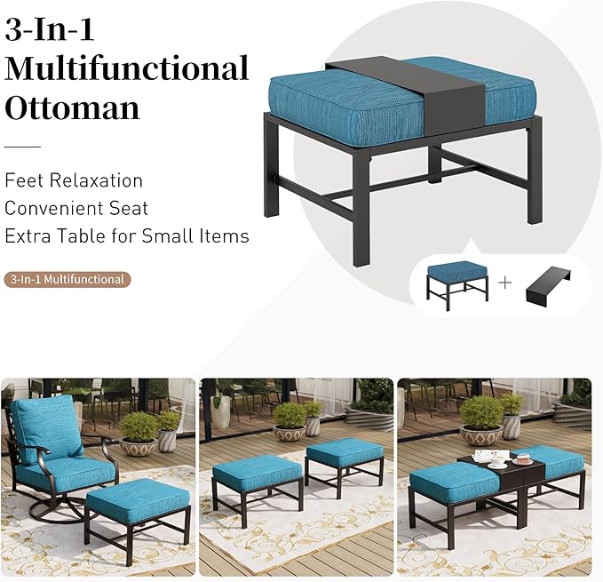 6 Piece Metal Outdoor Patio Furniture Set with Firepit Table, Patio Conversation Set 3-seater Sofa, 2 Swivel Chair, 2 Ottoman with 5.75" Thick Cushion, Black Backyard Furniture, Blue-2