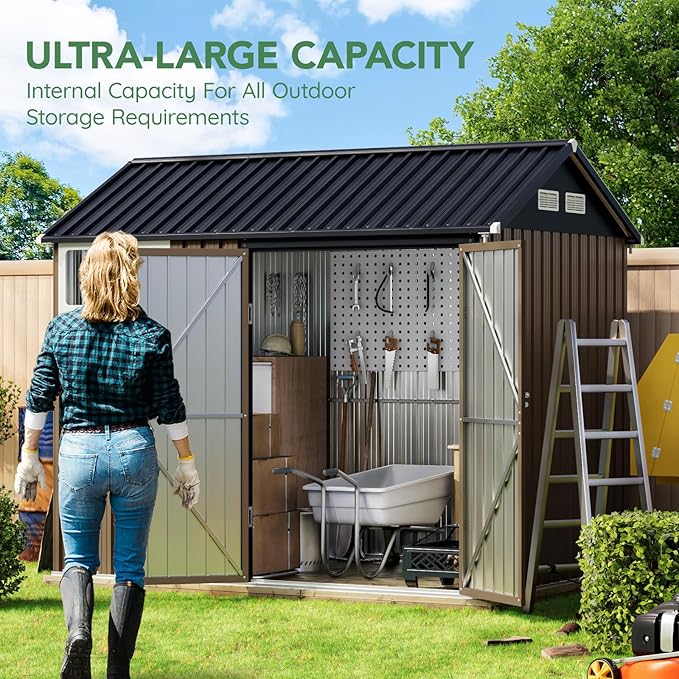 8X6FT Outdoor Steel Storage Shed with Lockable Doors, Frame Floor (No Wood/Other Boards),One Window,Ideal for Garden, Backyard, Patio Storage,Brown