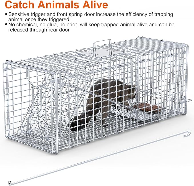 Humane Animal Trap, 37"x14"x15" Foldable Large Live Cage Traps for for Raccoons Beavers Groundhogs Foxes Armadillos and Other Live Animals, Easy to Catch and Release, Work for Indoor Outdoor
