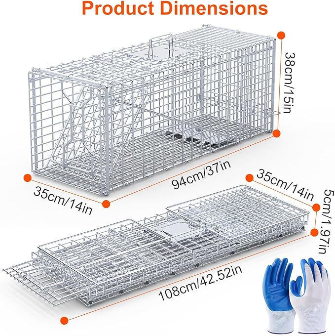 Humane Animal Trap, 37"x14"x15" Foldable Large Live Cage Traps for for Raccoons Beavers Groundhogs Foxes Armadillos and Other Live Animals, Easy to Catch and Release, Work for Indoor Outdoor