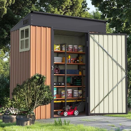 Quictent 5X3 FT Heavy Duty Outdoor Metal Storage Shed,Lockable Garden Shed with Rotating Roof, Waterproof Shed for Bike Storage, Tool Storage, Temporary Storage,Brown(5.5X2.8 FT Base, No Floor)