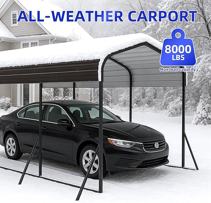 10x15 Metal Carport with Base Fixings Heavy Duty Garage Outdoor Chrome Plated Frame and Sheet Metal Construction Suitable for Boats, Cars, Tractors and Agricultural Equipment, Dark Gray