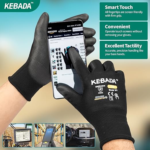 Kebada W1 Safety Work Gloves, PU Coated Touch Screen Work Gloves with Grip, Bulk Pack Working Gloves for Warehouse, Construction, Gardening and Mechanic Use, Black, 50 Pairs, Large