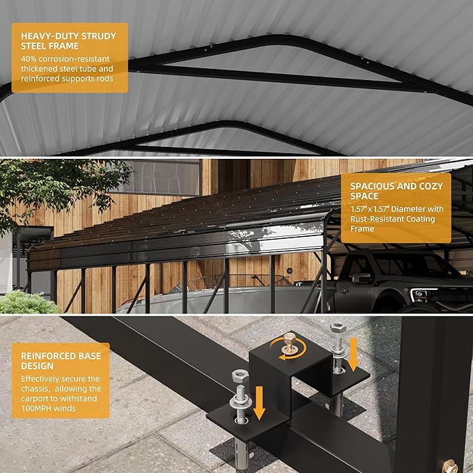 20x40FT Metal Carport Kits with Galvanized Steel Roof, Heavy Duty Metal Roof Carport with Enhanced Base, TallMetal Carports Kits Garage for Tractors, Pickup, Boat, Car