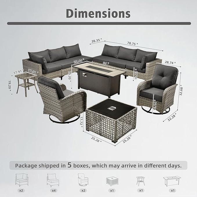 HOOOWOOO Outdoor Patio Furniture Set with Fire Pit Table,11 Pieces Wicker Out Door Sectional Furniture L Shaped Couch,Outside Patio Conversation Swivel Chair Sets,Denim Blue