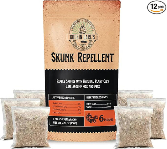 Cousin Carl's Maximum-Strength Skunk Repellent – Natural Deterrent & Odor Eliminator (12-Pack)