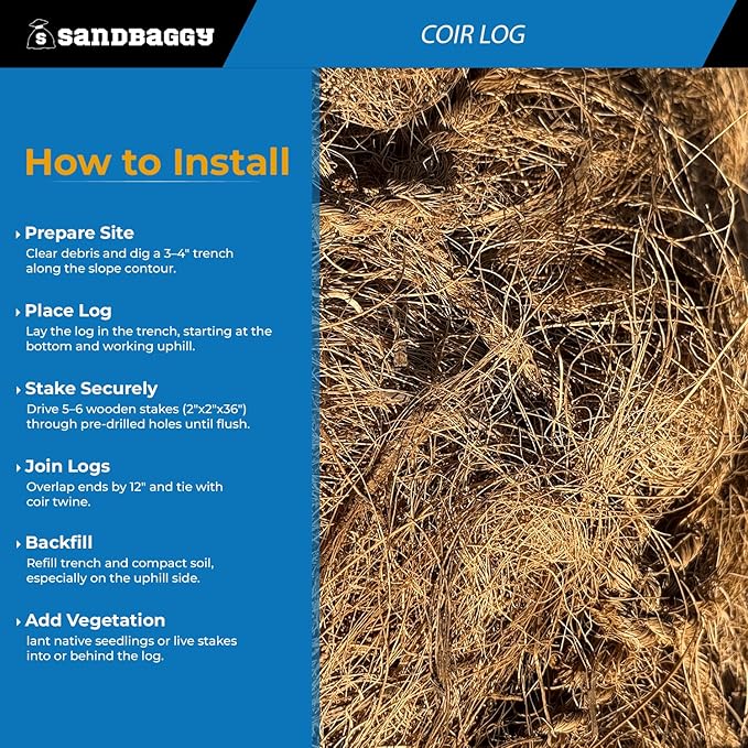 Sandbaggy Coir Fiber Log – 16" Diameter | 100% Biodegradable Erosion Control - Coconut Fiber - Slope Erosion (16" x 10 ft, 5, Count)