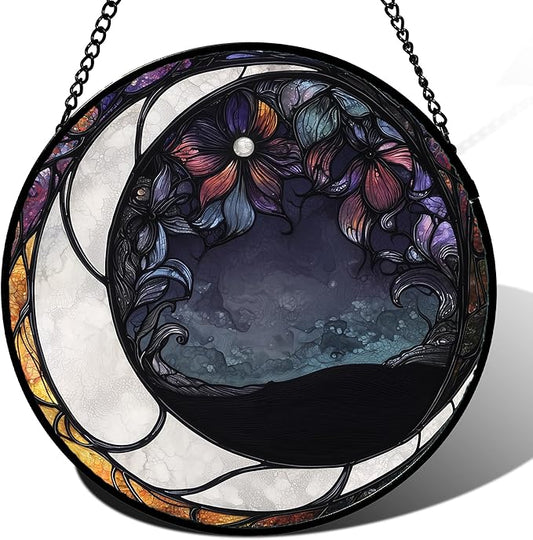 Stained Glass Window Hanging - Black and White Moon Sun Catcher for Door Terrace Garden Home Decor, Abstract Plant Flower Suncatcher Birthday Gifts for Lovers Women Men Dad Mom Nana 9.8 in