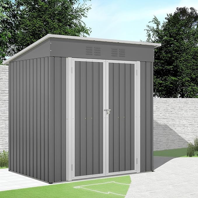 6x4 FT Metal Outdoor Storage Shed with Floor Frame and 2 Air Vents, Lean to Storage Shed, Garden Tool Storage Cabinet for Backyard Patio Lawn, Gray