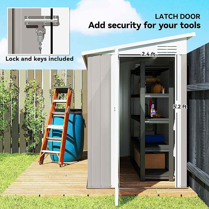 Outsunny 4' x 7.7' Metal Outdoor Storage Shed, Lean to Storage Shed, Garden Tool Storage House with Lockable Door and 2 Air Vents for Backyard, Patio, Lawn, Light Gray