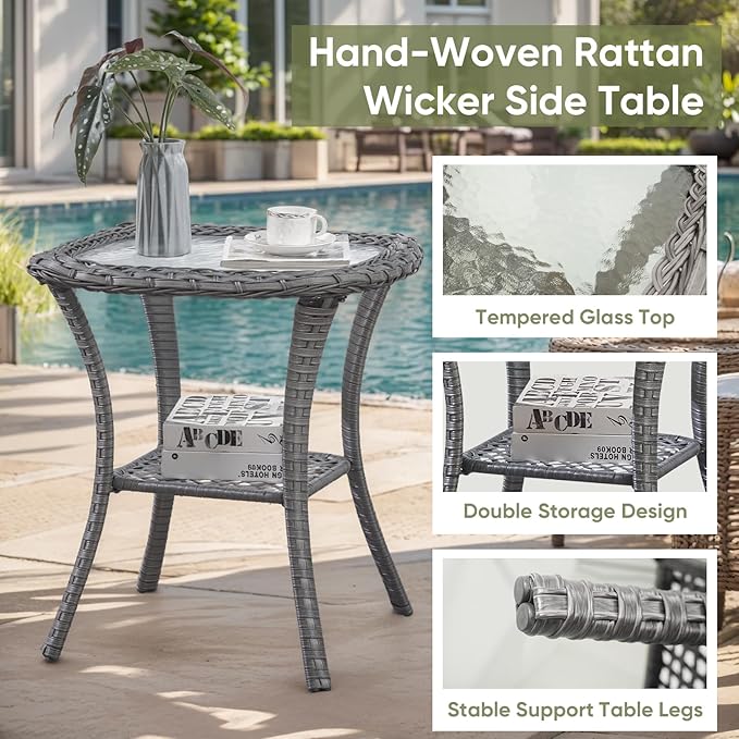 Wicker Rattan Patio Furniture Set - 7 Pieces Outdoor Couch with Swivel Chairs, Ottomans and Coffee Table for Deck, Poolside, Backyard - Grey