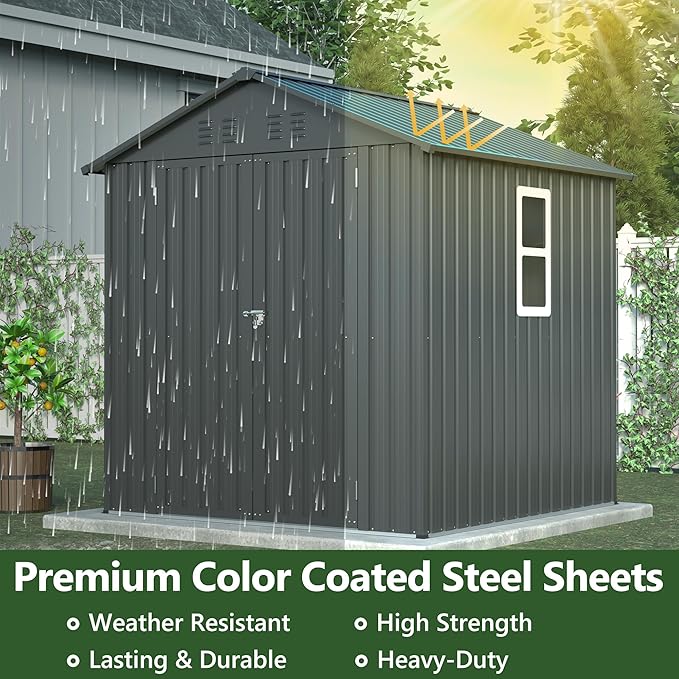 6x6 ft Metal Storage Shed Outdoor,Metal Steel Utility Tool Shed Storage House with Window and Floor Kit for Backyard Garden Patio Lawn Black
