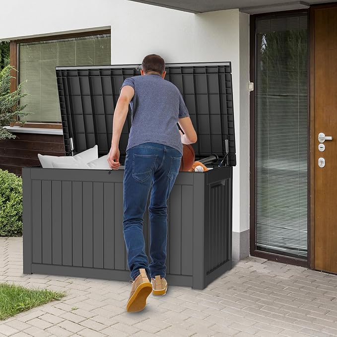 230 Gallon Outdoor Storage Deck Box Waterproof, Large Patio Storage Bin for Outside Cushions, Throw Pillows, Garden Tools, Lockable (Black Resin Lid)