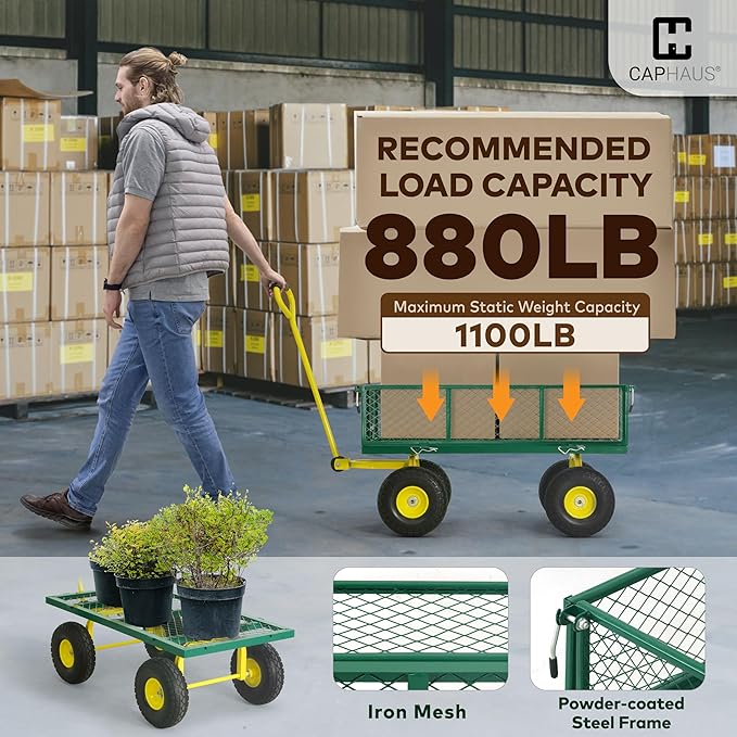 CAPHAUS Metal Green Garden Cart, w/ 180° Adjustable Yellow Handle, w/Mat and Strap, Heavy Duty 880 lbs Capacity, w/ 10” Flat-Free Tires, Sides Removable, Utility Wagon, Yard Cart, for Garden, Farm