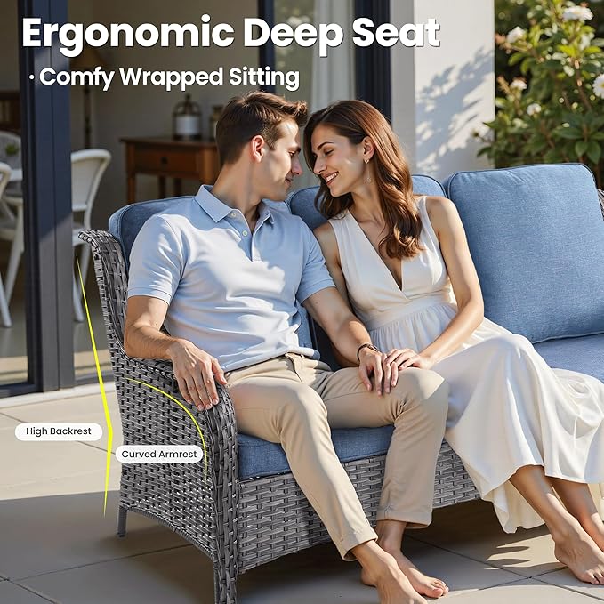 ovios 8 Pieces Patio Furniture Set, Outdoor Wicker Sofa Couch with Swivel Chairs 42" Fire Pit Table, All Weather High Back Modern Conversation Sets, Grey Rattan, Denim Blue