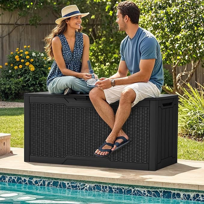 YITAHOME 80 Gallon Resin Deck Box, Weather Resistant Outdoor Rattan Storage Box, Lockable Indoor Outdoor Storage for Supplies and Essentials, Black