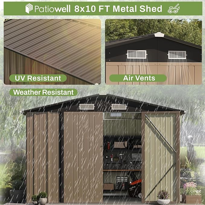 Patiowell 8x10 FT Outdoor Storage Shed, Large Garden Tool Metal Shed with Sloping Roof and Double Lockable Door, Outdoor Shed for Backyard Garden Patio Lawn, Brown