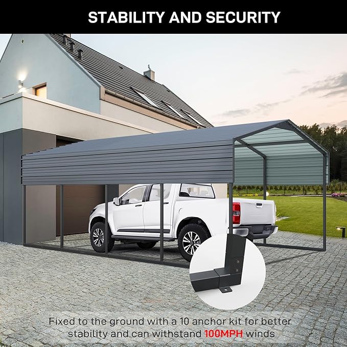 Outvita Heavy Duty Outdoor Carport Canopy, 12x20FT Metal Carport Kit with Galvanized Steel Roof, Garage Shelter for Cars, Boats, Pickup Trucks, Events, Party