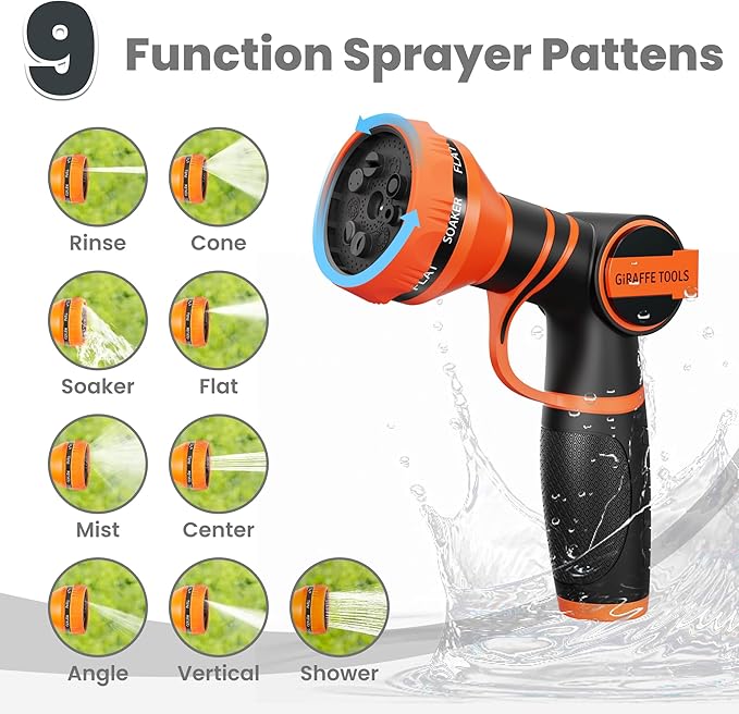 Giraffe Tools Garden Hose 50ft x 5/8", 304 Stainless Steel Metal Water Hose, No Kink Garden Water Hose with 9 Pattern Spray Nozzle, Flexible, Lightweight, Kink Free Hose for Yard, Outdoor