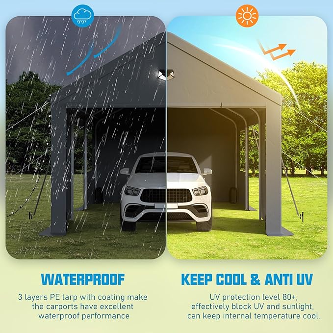 10x20 Carport Canopy, Heavy Duty Car Ports with Sidewalls, Portable Garage Carports with Roll Up Zipper End & Side Doors, Grey