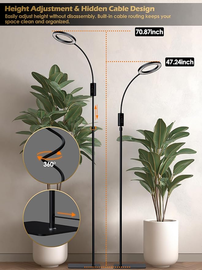 Smart Grow Lights for Indoor Plants,24W Plant Light with Auto-Timer,Full Spectrum LED Grow Light, Adjustable Height & Stepless Dimming,Plant Assistant Suitable for Most Plants (Black, 24W)