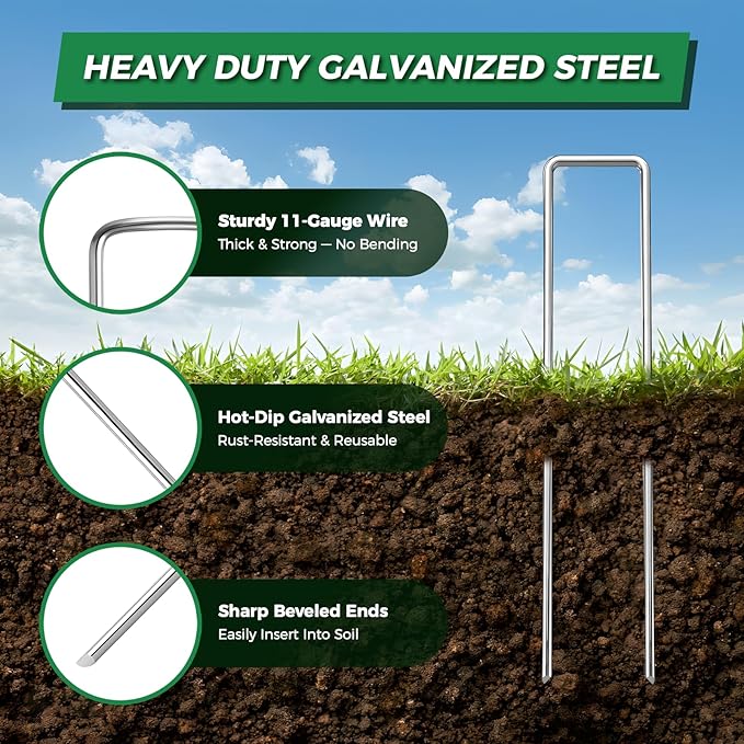 200Pcs Landscape Staples 6 Inch+200Pcs Gasket+Pick Hook+Rubber Mallet, Garden Stakes Staples 11 Gauge U Shaped Galvanized Landscape Pins Yard Ground Pin for Weed Barrier Sod Fabric Decoration