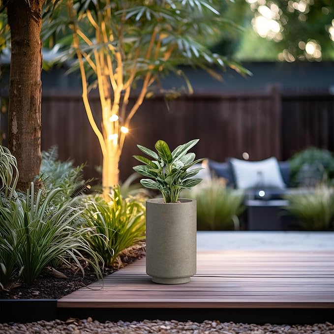 Kante 15.7 Inch Tall Concrete Planter, Round Pedestal Design Garden Pot for Indoor Outdoor Plants, Modern Garden Pot with Drainage Hole, Weathered Concrete Finish with Warm Brown Interior