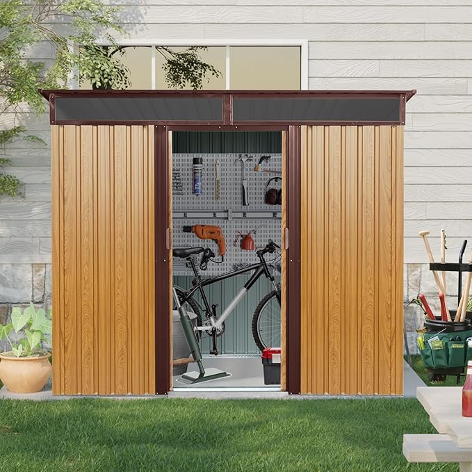 8x6 FT Outdoor Metal Storage Shed with Lockable Sliding Doors and Transparent Plate - Patio Shed for Backyard, Garden, Lawn (Coffee)