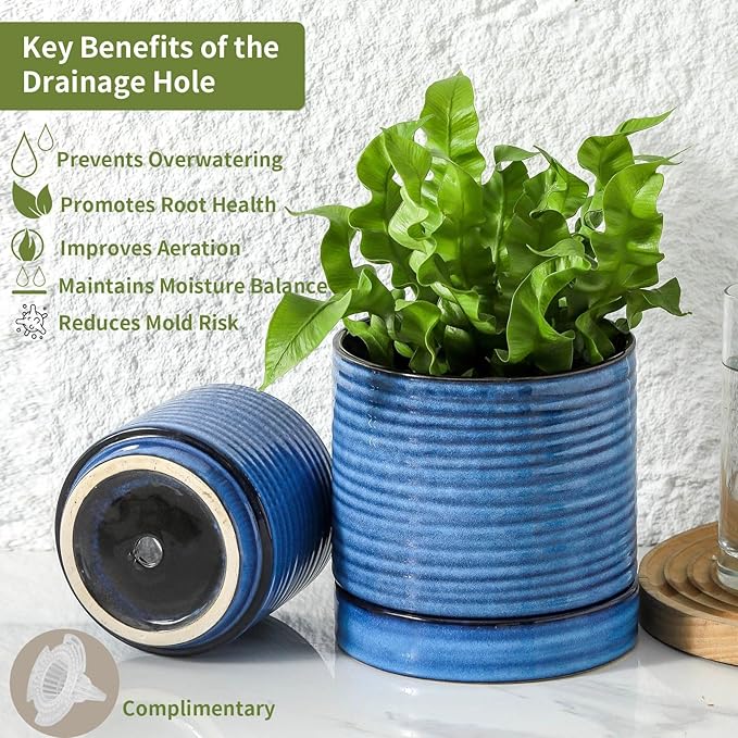 Hasense Ceramic Plant Pots Indoor Outdoor, 6 Inch Pot for Plants with Drainage Hole and Saucer, Blue Modern Planter for Housewarming
