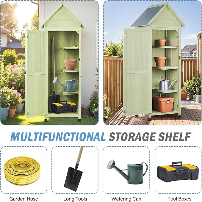 Wooden Outdoor Storage Cabinet,Tall Vertical Garden Tool Shed with Waterproof Metal Roof & Adjustable Feet – Perfect for Yard, Patio, Lawn & Deck (Green, 22" x 26" x 67")