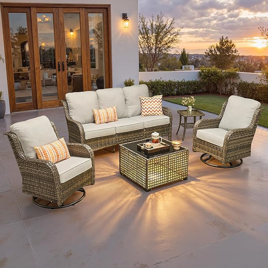 ovios 5 Pieces Patio Furniture Set, Outdoor Wicker Sofa Couch with Swivel Chairs Solar Lights Table, All Weather High Back Modern Conversation Sets, Grey Rattan, Grey
