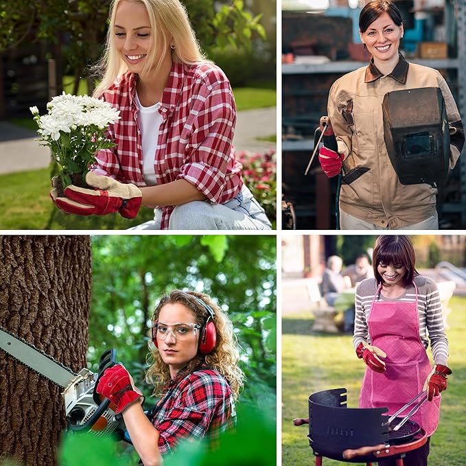 Leather Work Gloves for Women. X-Large Glove for Gardening, Tig/Mig Welding, Construction, Chainsaw, Farm, Ranch, etc. Cowhide, Cotton Lined, Utility, Firm Grip, Durable. Rose Red - Grey XL