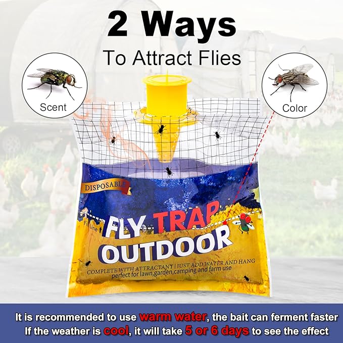 Disposable Fly Traps Bags 4 Pack Hanging Outdoor, Flies Traps with Natural Pre-Bait Refill Catcher Repellent, Stable Horse Ranch Killer Helps Control