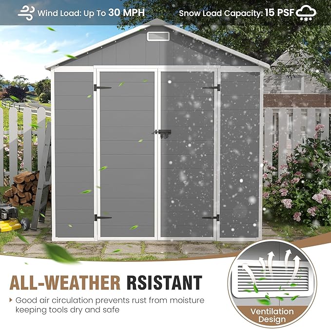 Outdoor Storage Shed, 8x6 FT Resin Shed with Floor and Lockable Door, Window & Vents, Tool Sheds & Outdoor Storage for Bike, Garden Accessories, Tools, Waterproof Grey White