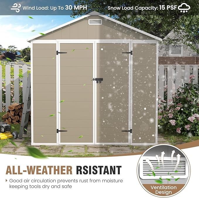 Outdoor Storage Shed, 8x8 FT Resin Shed with Floor and Lockable Door, Window & Vents, Tool Sheds & Outdoor Storage for Bike, Garden Accessories, Tools, Waterproof (Light Brown)