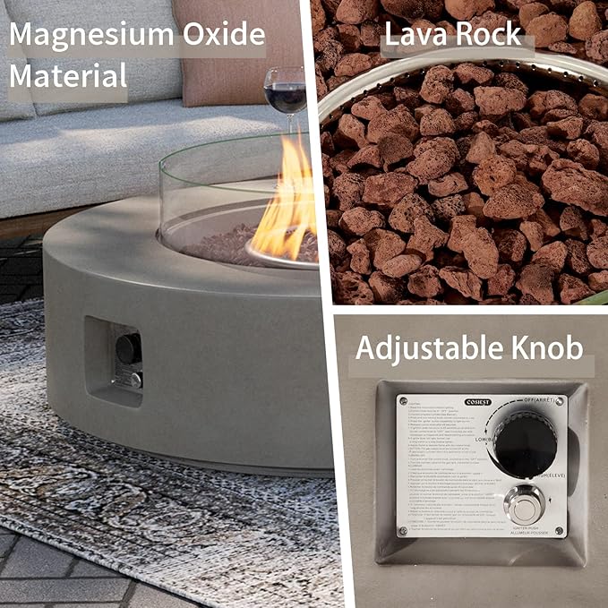 SUNBURY Outdoor Propane Fire Pit, Circular Gray Patio Fire Table 50,000 BTU w 20 Gallon Tank Cover, Glass Wind Guard, Waterproof Cover