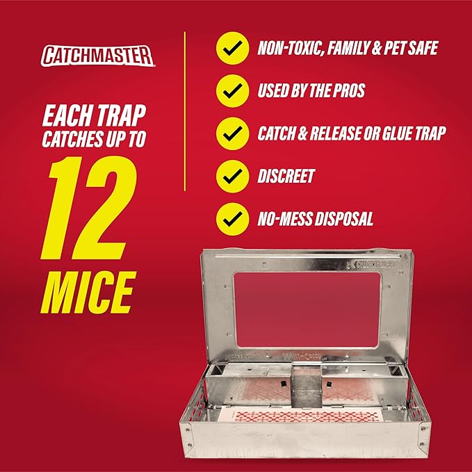 Catchmaster Pro Series Multi-Catch Mouse Trap, Humane Mouse Trap Indoor for Home, Includes 1 Replaceable Glue Board, Pet Safe Pest Control, Live Catch for Garage & Shed