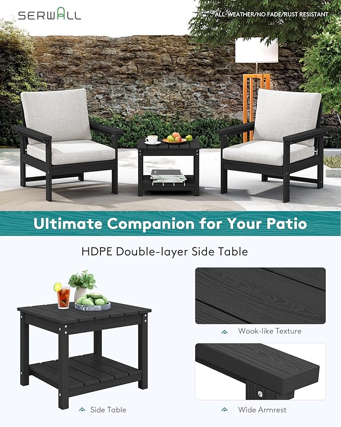 SERWALL HDPE Patio Sofa Set, 3-Piece Sectional Outdoor Furniture Set, All Weather Outdoor Couch Set Patio Furniture Set for Deck, Lawn, Black Frame with Khaki Cushion