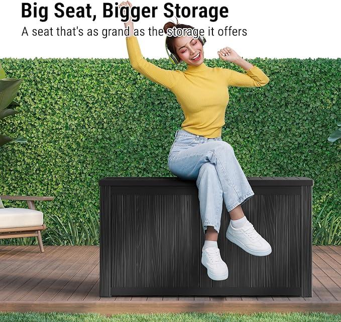 Mars Villa 180 Gallon Outdoor Storage Box, Large Resin Deck Box Waterproof, Storage Bin for Outside Patio Furniture Cushions, Pool Supplies, with Hydraulic Hinge, UV Resistant and Weatherproof, Black