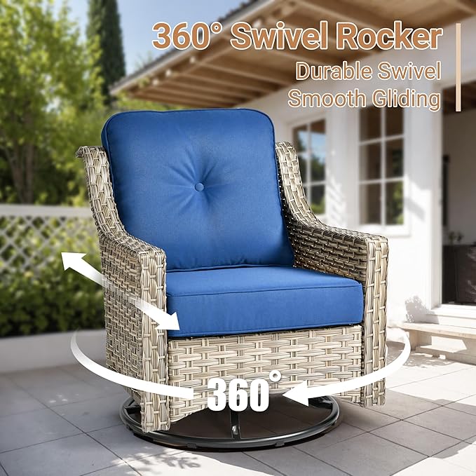 HOOOWOOO Outdoor Patio Furniture Set,10 Pieces Wicker Out Door Sectional Furniture L Shaped Couch,Patio Conversation Sets with Swivel Rocking Chair LED Table,Navy Blue