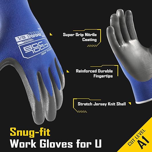 COOLJOB 10 Pairs Nitrile Dipped Safety Work Gloves with Grip, Non-slip Rubber Coated Bulk Garden Gloves for Men, Heavy-duty Oil Resistant for Truck Driver, Warehouse Box Handler, Medium, Gray Blue