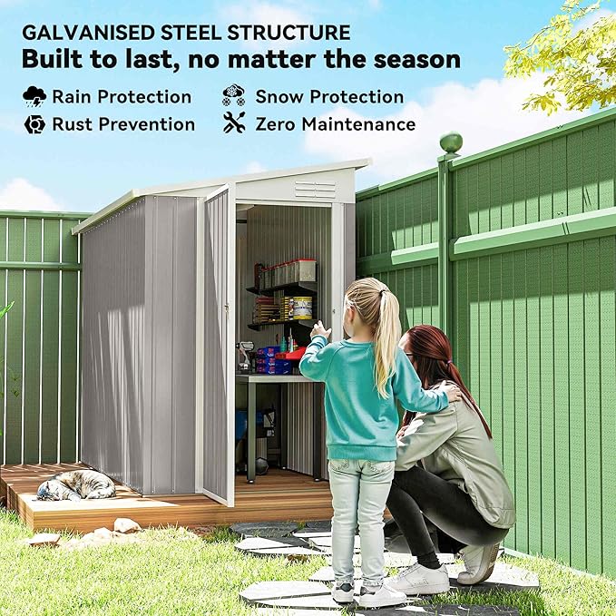 Outsunny 4' x 7.7' Metal Outdoor Storage Shed, Lean to Storage Shed, Garden Tool Storage House with Lockable Door and 2 Air Vents for Backyard, Patio, Lawn, Light Gray