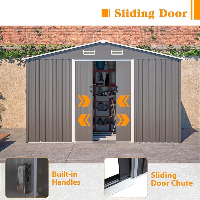 10x8 FT Sheds & Outdoor Storage Garden Metal Shed with Floor Frame Lockable Sliding Door and Air Vents Foundation Steel Shed with Air Vents Waterproof Roof Ideal for Backyard Patio Lawn Dark Gray